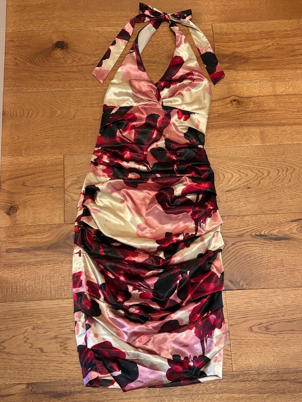 le chateau 2011 Halter Satin Floral Cocktail Party Dress in Red, Pink and Cream